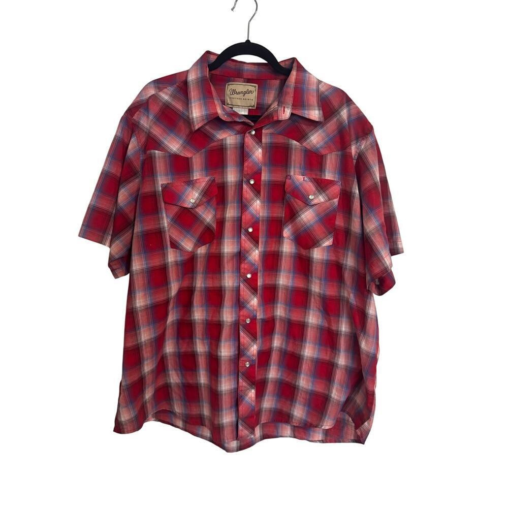 WRANGLER Pearl Snap Mens Short Sleeve Western Shirt in Red Plaid XXL
